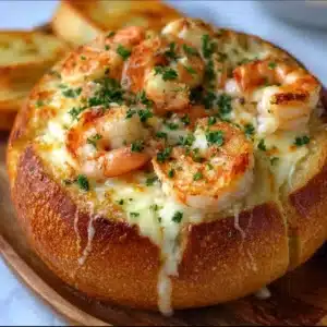 tazón de pan con camarones al ajo y queso 2 tazón de pan con camarones al ajo y queso