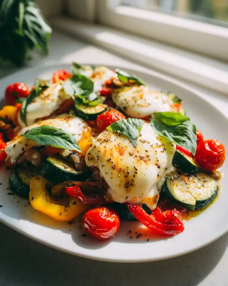 Cremiger Überbackener Mozzarella auf mediterranem Ofengemüse.