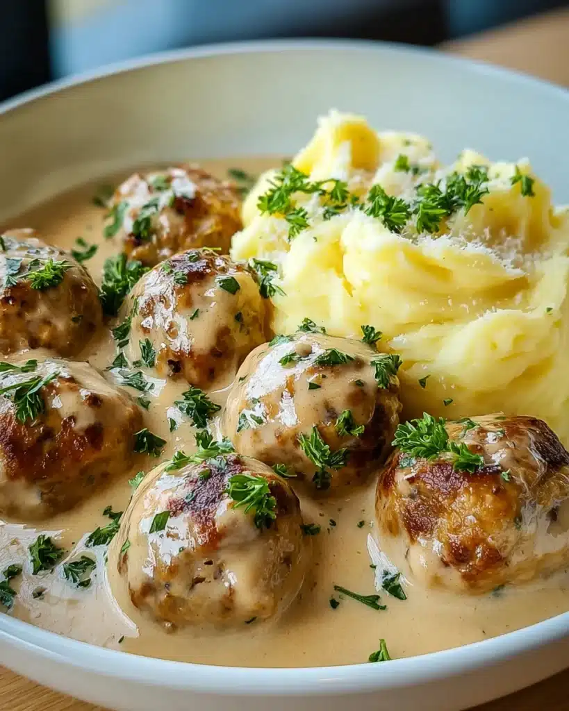 Hackbällchen in cremiger Sauce mit Kartoffelpüree Rezept