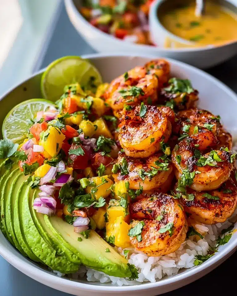 Shrimp-Avocado-Bowls mit Mango-Salsa und Limetten-Chili-Sauce