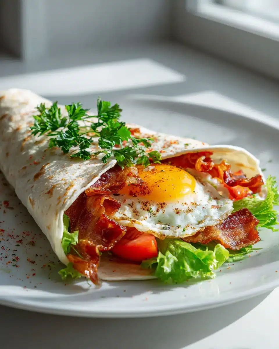 Perfekter Frühstücks-Wrap: Rinderbacon, Salat, Tomate & Ei! 4 Perfekter Frühstücks-Wrap: Rinderbacon, Salat, Tomate & Ei!