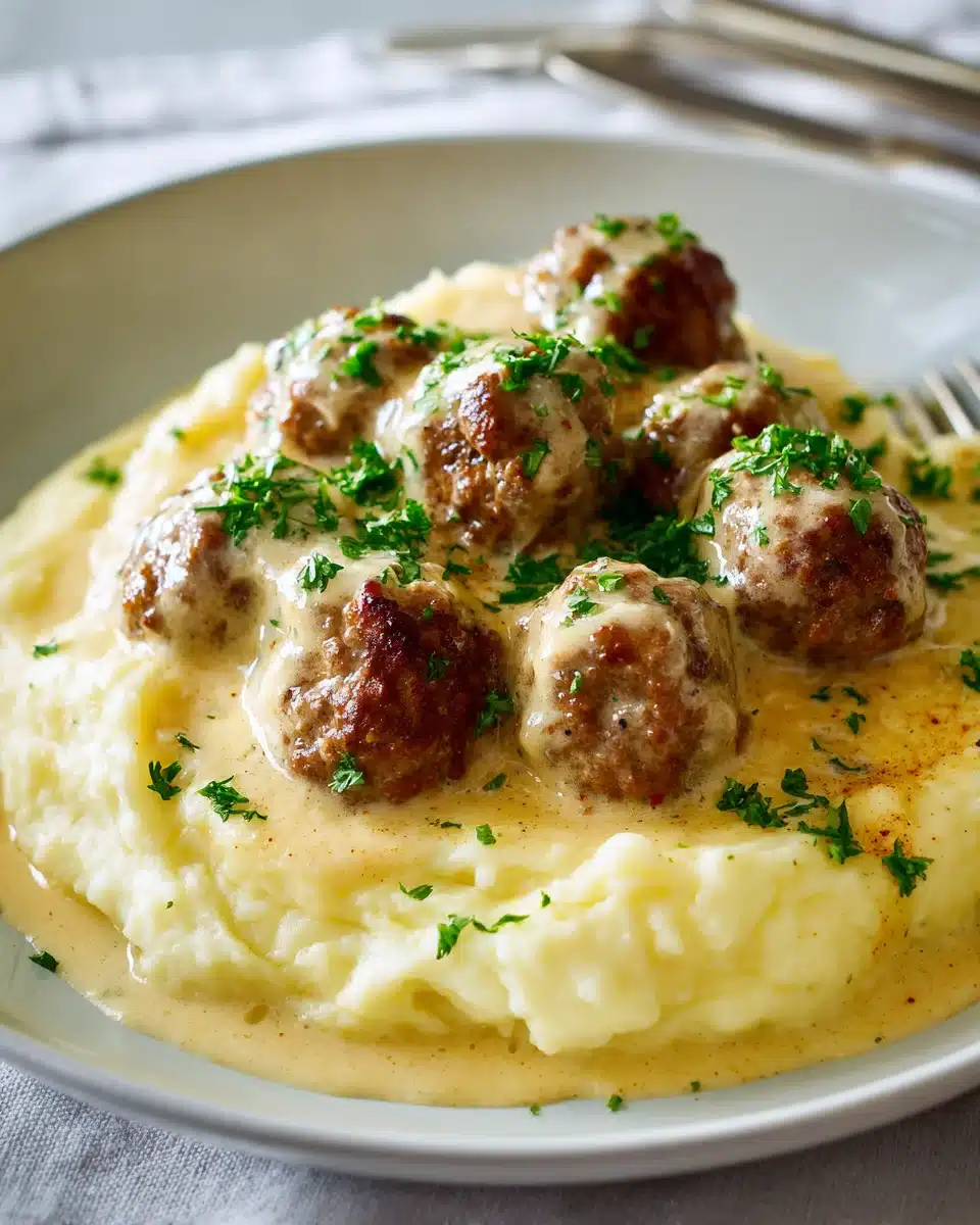 Leckere Hackbällchen in cremiger Sauce & Kartoffelpüree. 4 Leckere Hackbällchen in cremiger Sauce & Kartoffelpüree.