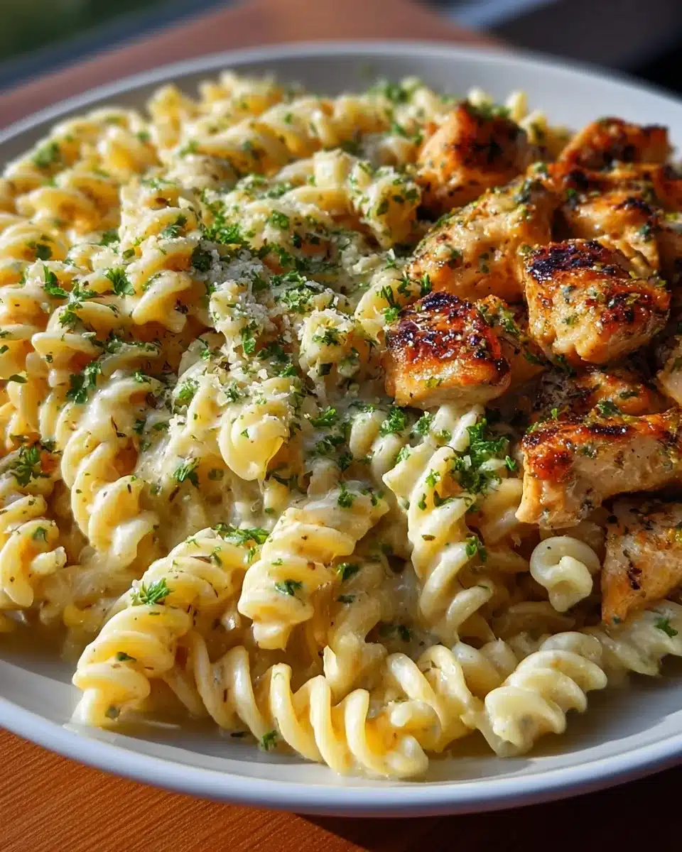 Käse Alfredo Twisted Pasta mit goldbraunem Hähnchen in Sahnesoße 5 Geschmolzene Schokolade, die über die gerollten Truffles geträufelt wird